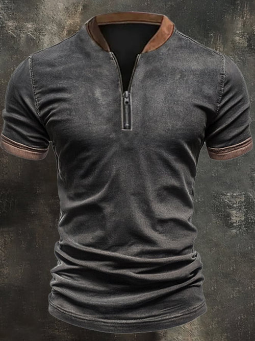 Men's casual retro print polo shirt with zip and stand-up collar