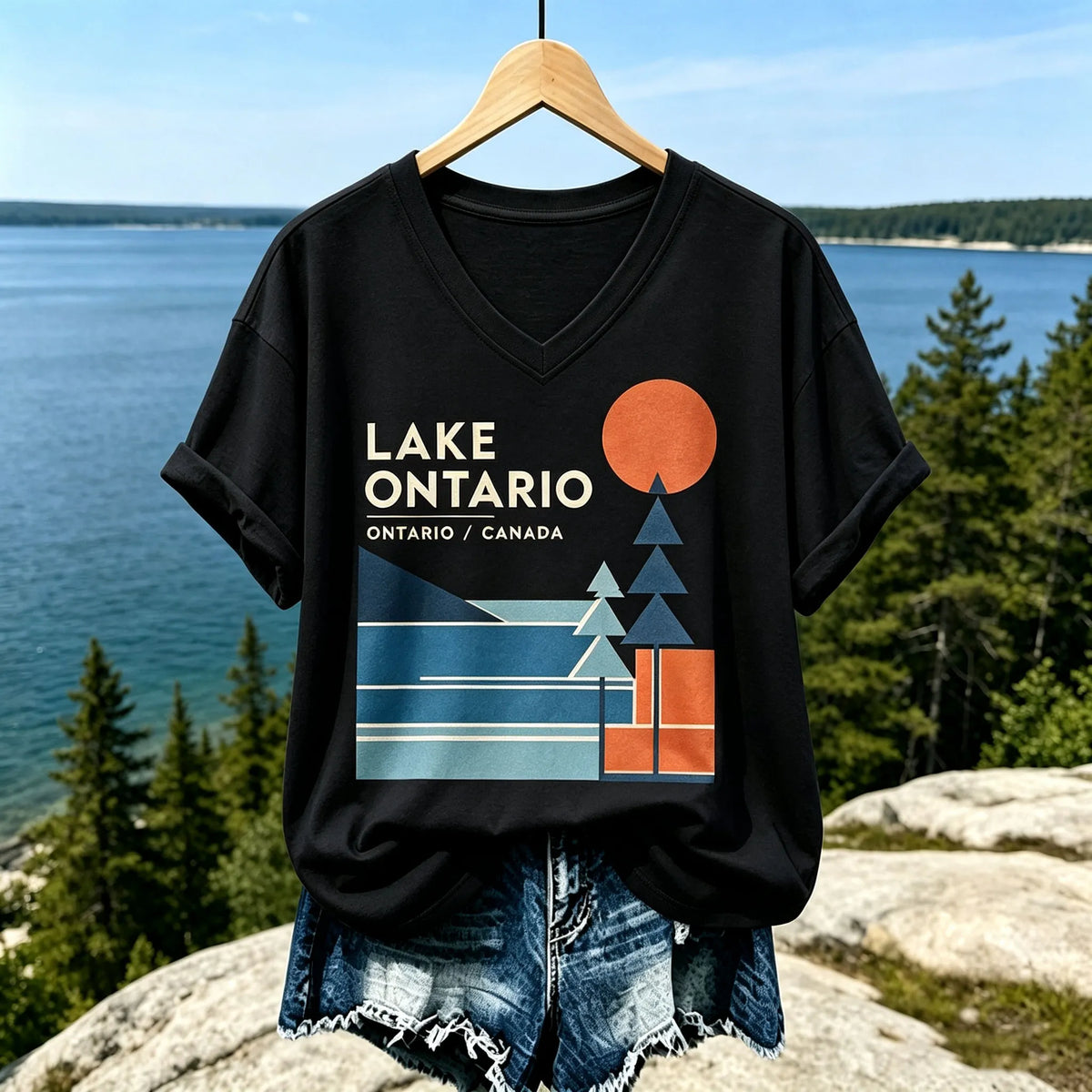 Women's Casual V-neck T-shirt In Beige With Lake Ontario Geometric Landscape And Orange Sun Print