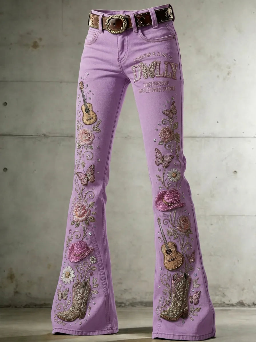 Women's Dolly Parton Guitar Butterfly Rose Printed Flare Jeans