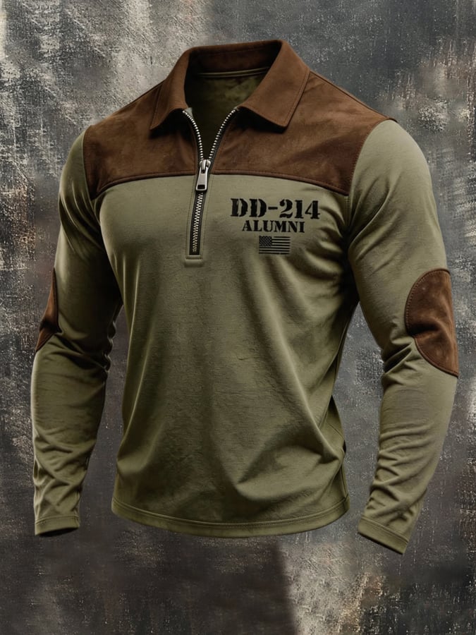 Men'S Dd-214 Vintage-Style Color-Block Long-Sleeve Polo Shirt With Suede Paneling