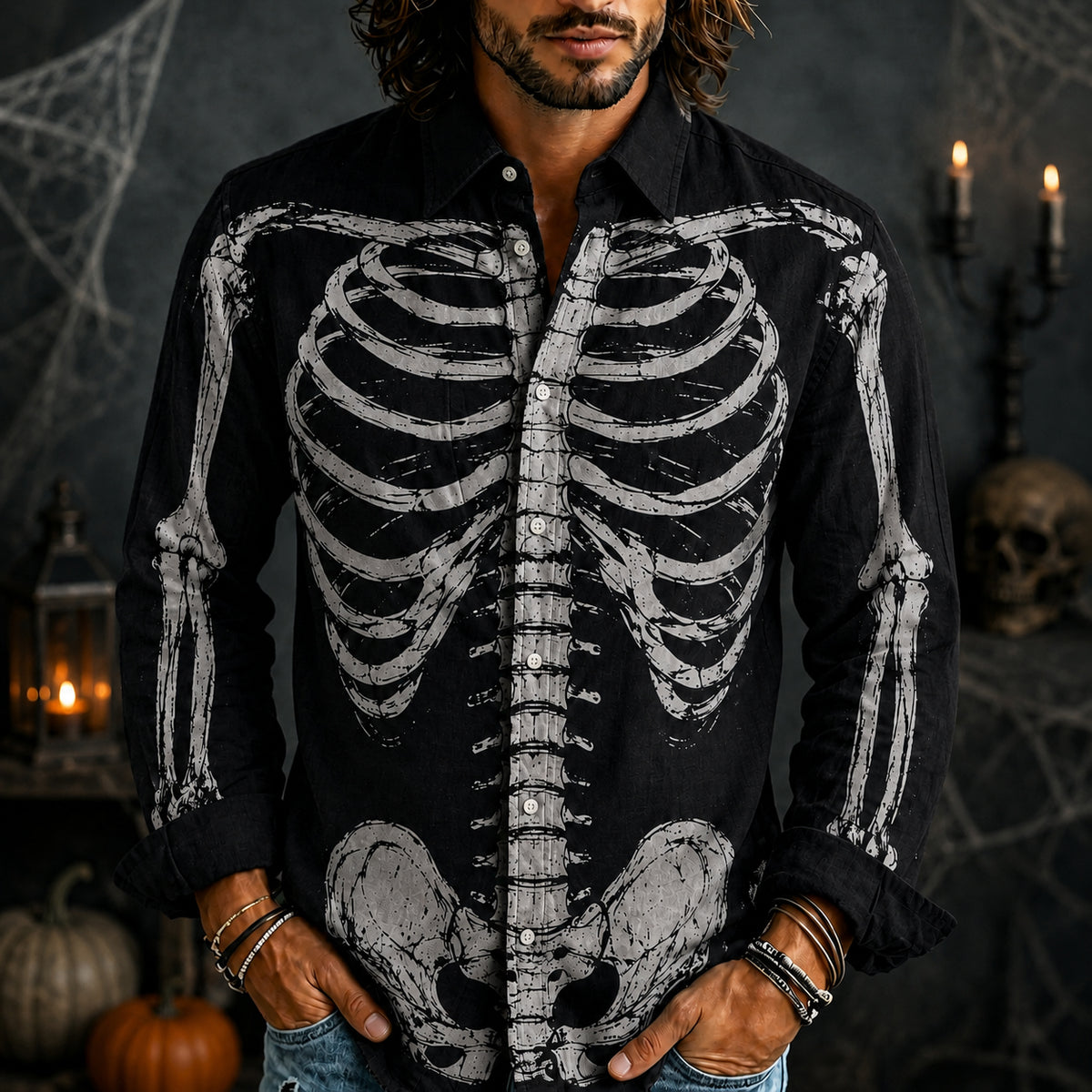 Men's Vintage Skeleton Art Print Shirts