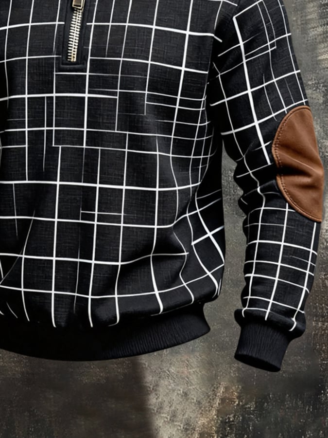 Men's Retro Color Block Print Color-Blocked Zip-Up Sweatshirt