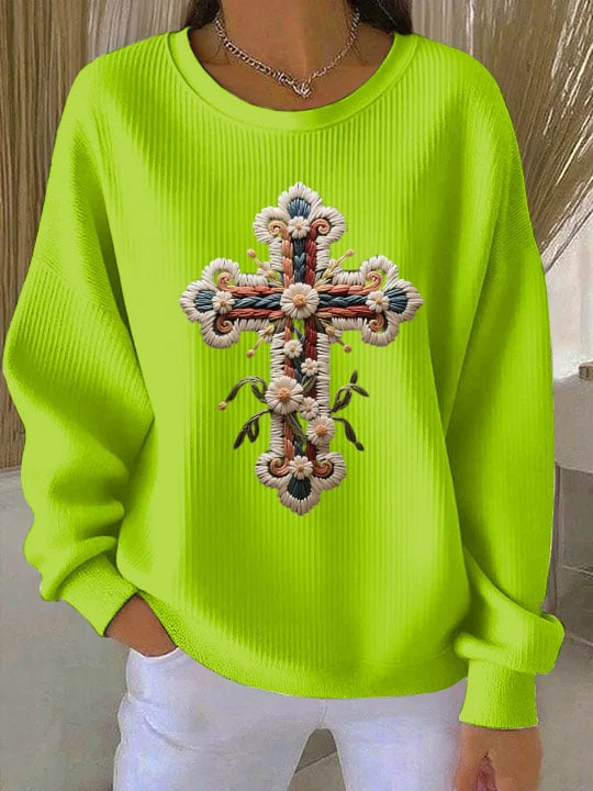 Women's Embroidered Cross Art Print Crew Neck Sweatshirt