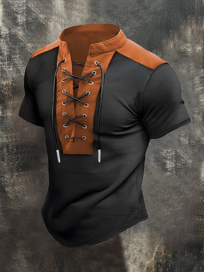 Men's Color Block Drawstring Short Sleeve T-Shirt
