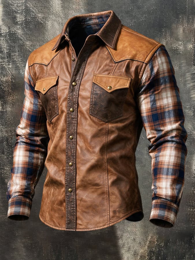 Men'S Retro Western-Style Long-Sleeve Shirt With Leather Paneling, Plaid Pattern, And Color-Blocking