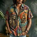 Men's Peace Sign Skeleton Boat Tile Print Short Sleeve Buttons Shirt