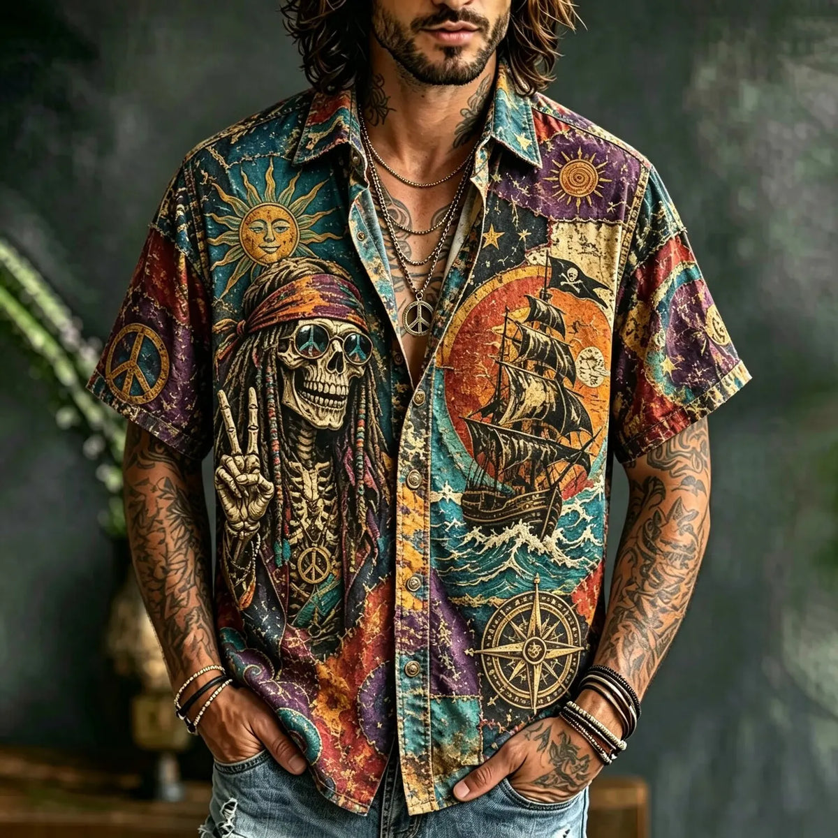 Men's Peace Sign Skeleton Boat Tile Print Short Sleeve Buttons Shirt
