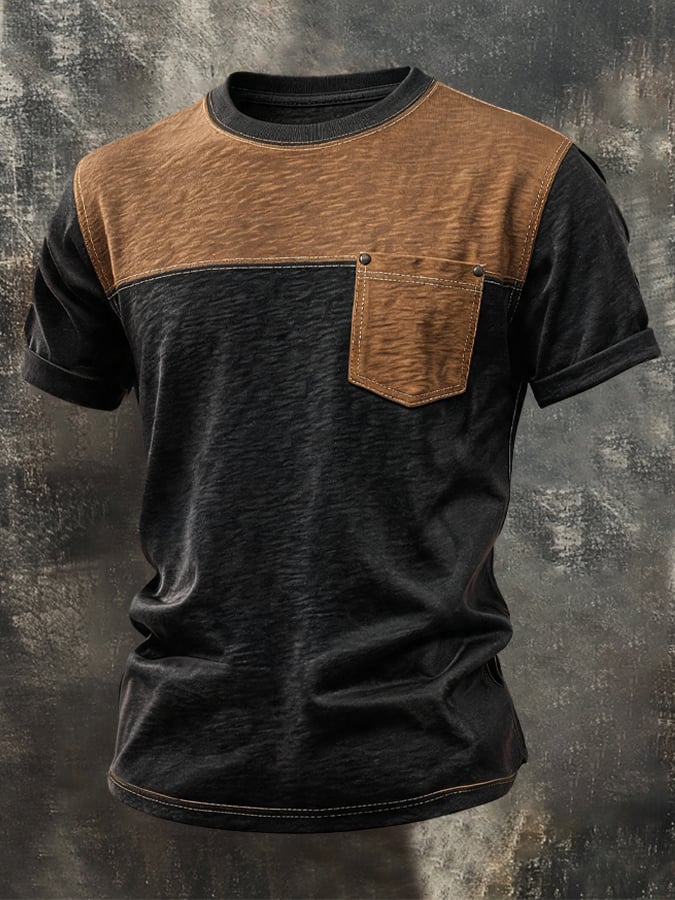 Men's Vintage Slub Cotton Color-Block Pocket T-Shirt