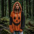 Women's Vintage Halloween Spooky Face Contrast Stitched Print Cozy Art Knit Hooded Sweater