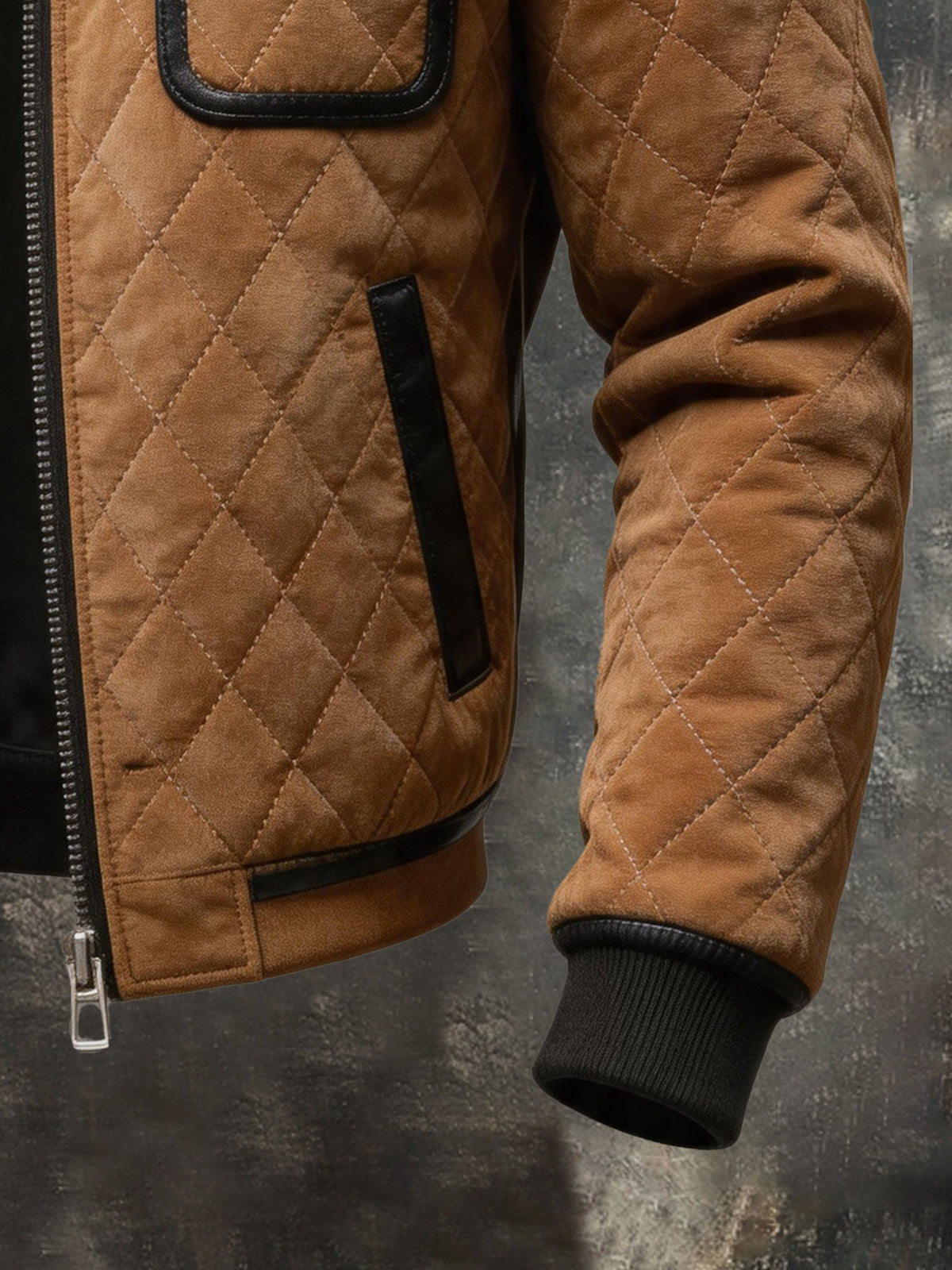 Men’s Vintage Quilted Diamond-Pattern Jacket with Leather Trim and Stand-Up Collar