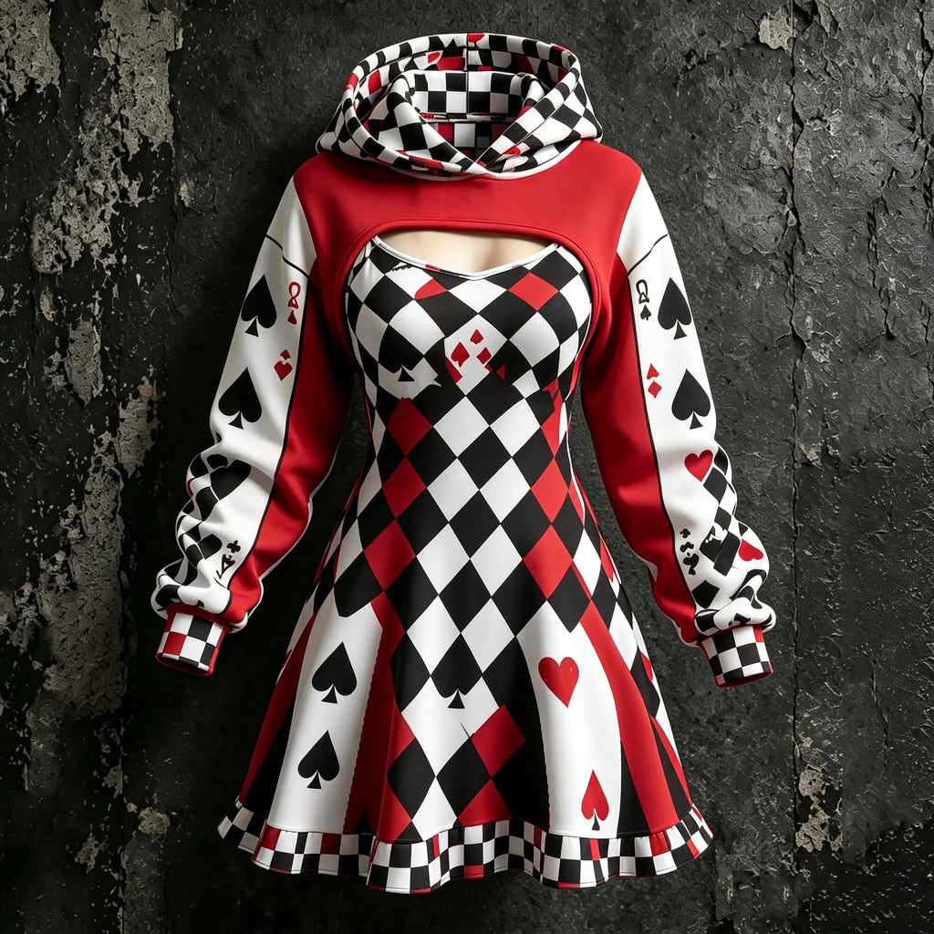 Women's Retro Halloween Clown Playing Card Color Block Print Hoodie Suspender Dress Two-piece Set