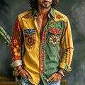 Men's Color Block Patchwork Hippie Peace Sign and Flower Print Long Sleeve Shirt