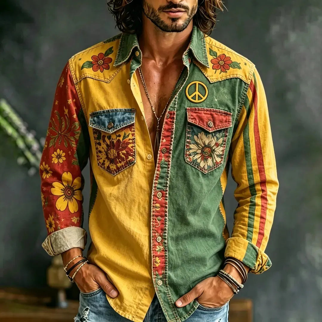 Men's Color Block Patchwork Hippie Peace Sign and Flower Print Long Sleeve Shirt