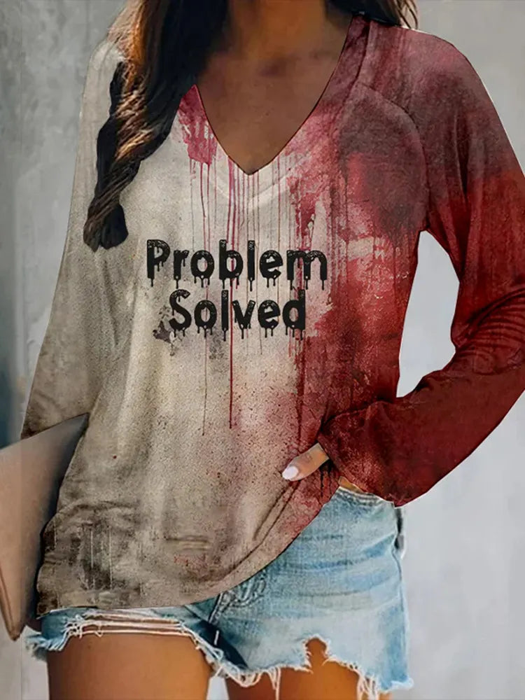 Women's Bloody Problem Solved Halloween Print V-Neck T-Shirt