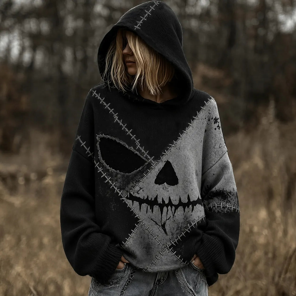 Women's Retro Halloween Scary Face Print Casual Warm Hooded Sweater