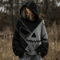 Women's Retro Halloween Scary Face Print Casual Warm Hooded Sweater