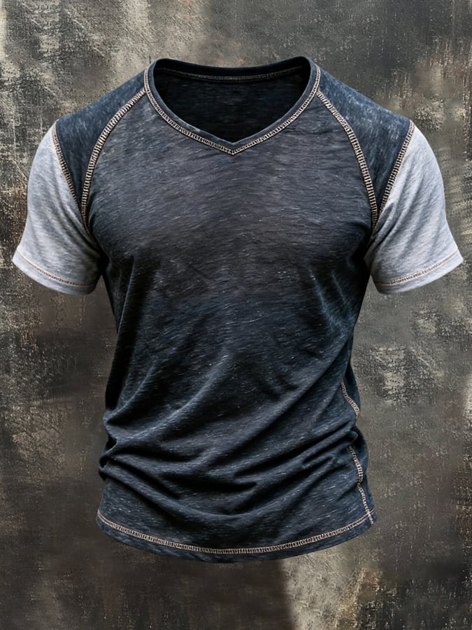 Men's Retro Color-Block V-Neck Short-Sleeve Top