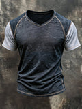 Men's Retro Color-Block V-Neck Short-Sleeve Top