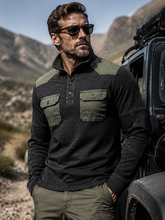 Men’s Tactical Henley | Cargo Pocket Contrast Long‐Sleeve