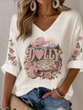 Women's Country Music Printed Waffle V-Neck Top