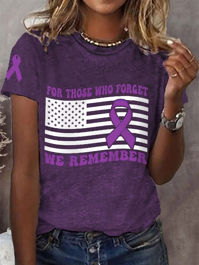 Women's For Those Who Forget We Remember, Purple Ribbon American Flag Alzheimer's Awareness Warrior Tee