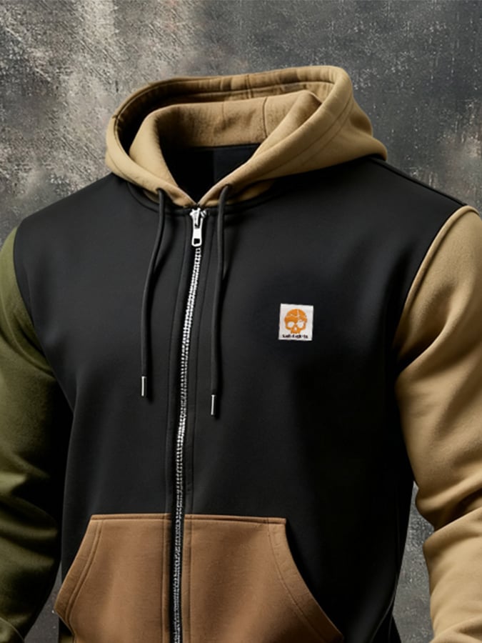 Men'S Retro Color-Block Print Zip-Up Hoodie