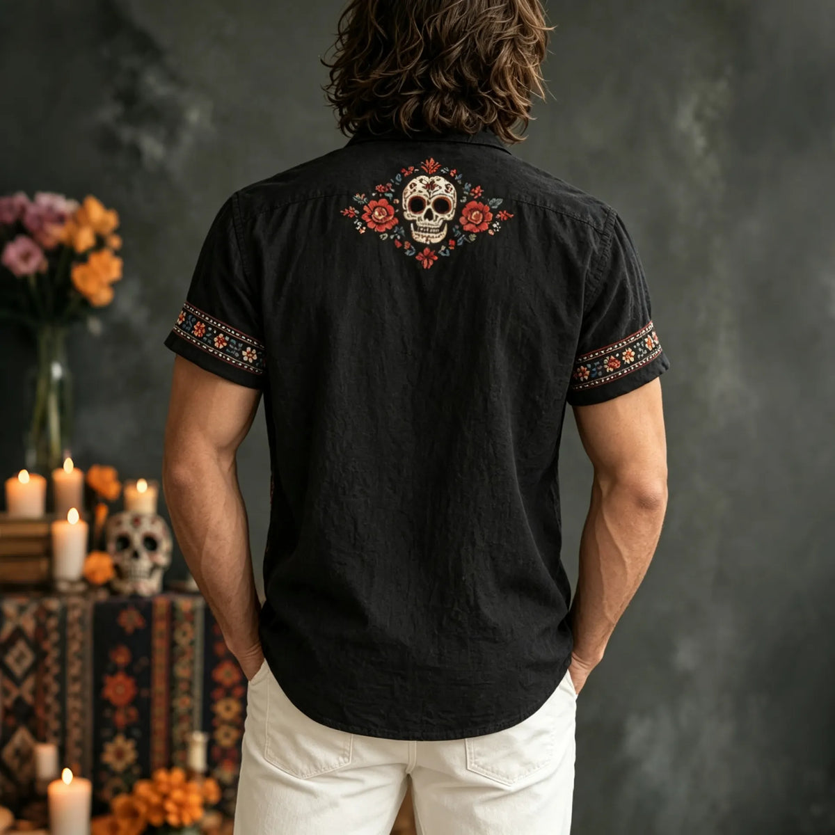 Men‘s Retro Mexico Day Of The Dead Sugar Floral Skull Printed Shirt