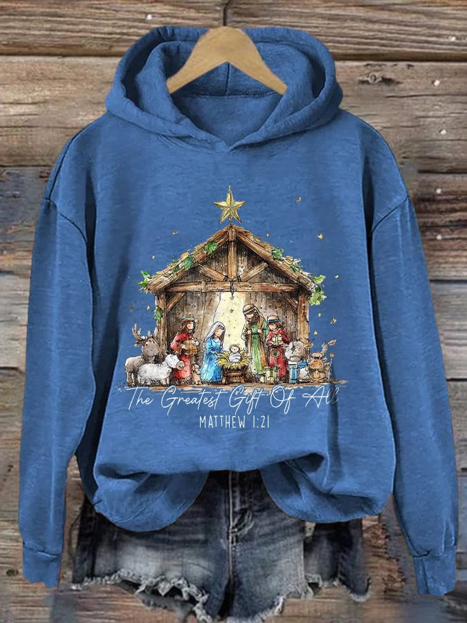 Retro Christmas the greatest gift of all is Jesus Matthew 1:21 Print Hoodie
