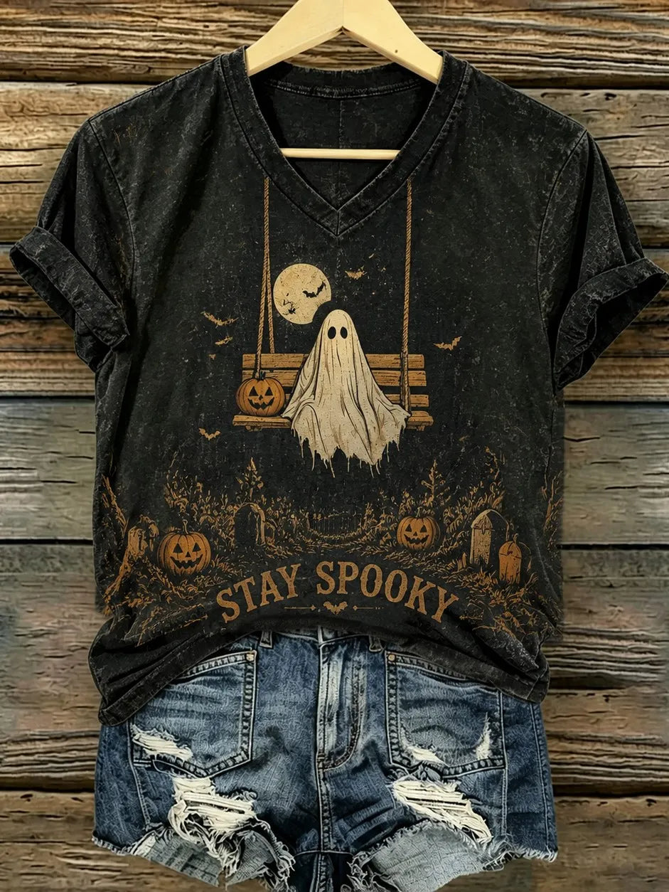 Women's Retro Halloween Theme Ghost Print T-shirt