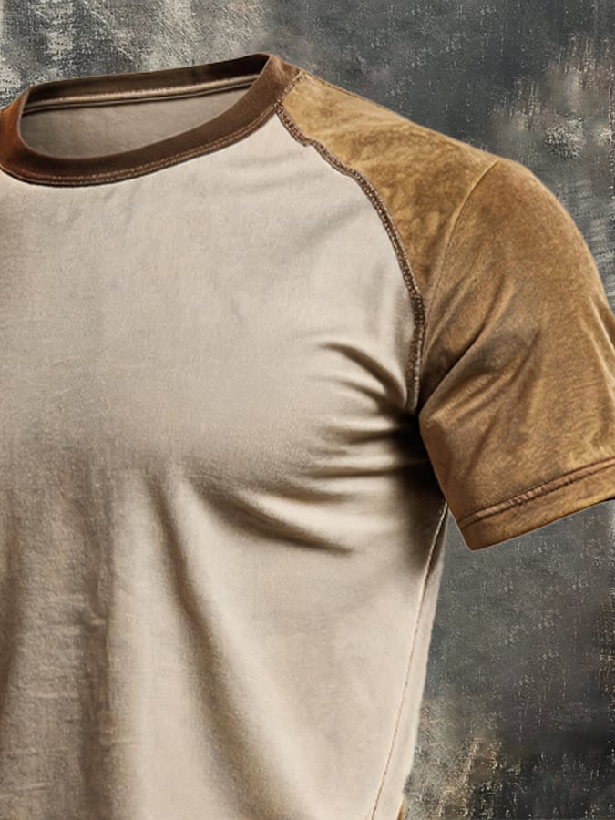 Men's Vintage-Style Distressed Color-Block T-Shirt