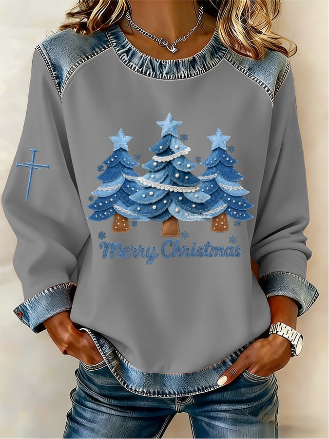 Women's Casual Denim Christmas Tree Print Sweatshirt