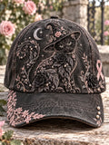 Pink Ribbon Moonlit Witch Black Cat Baseball Cap