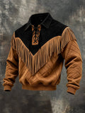 Men's Retro Western-Style Color-Block Lace-Up Sweatshirt with Fringe