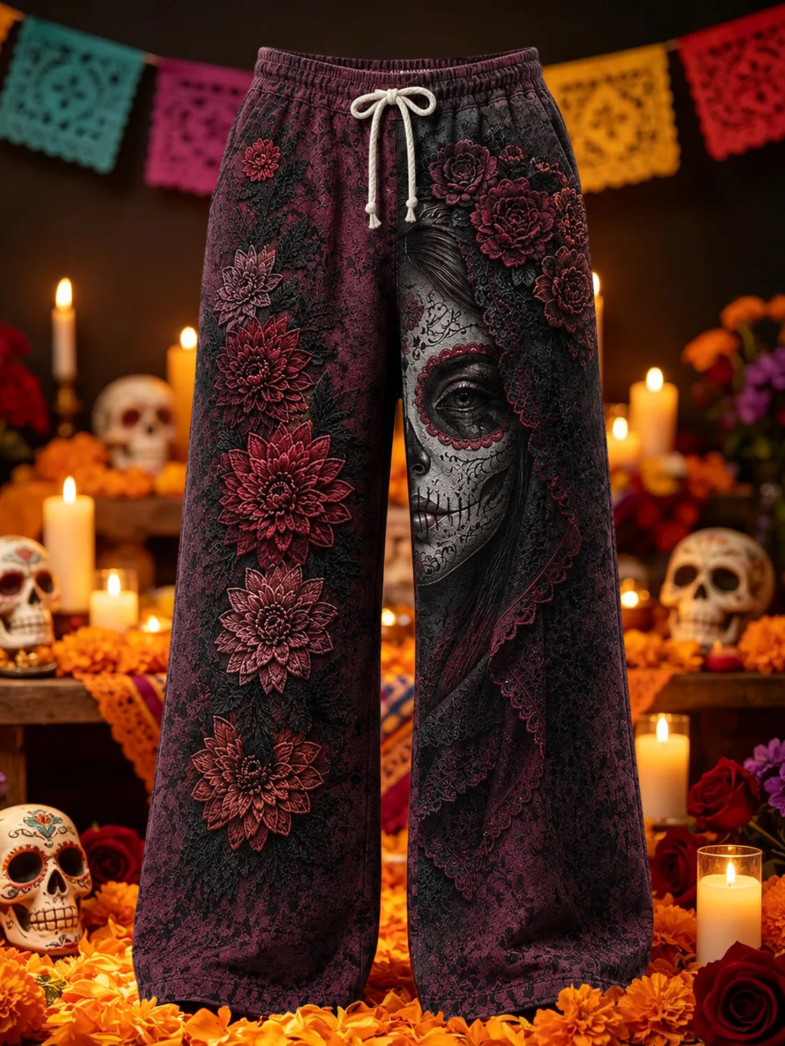 Men's Day Of The Dead Veiled Calavera Lady Dahlia Rose Print Pants