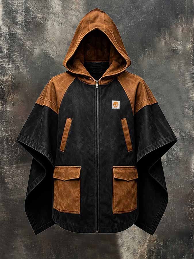 Men's Vintage Color-Block Hooded Cape/Cloak