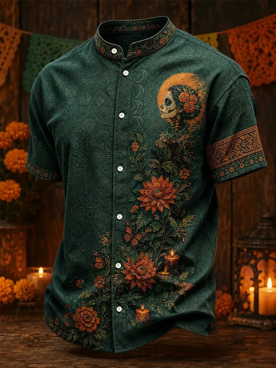 Men's Day Of The Dead Vintage Catrina Portrait Surrounded By Autumn Blossoms Print Stand Collar Short Sleeve Shirt