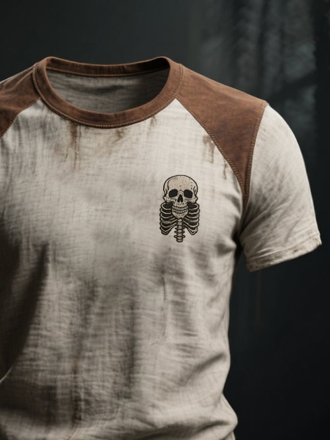 Men's crew neck t-shirt with contrasting skull stitching in vintage style