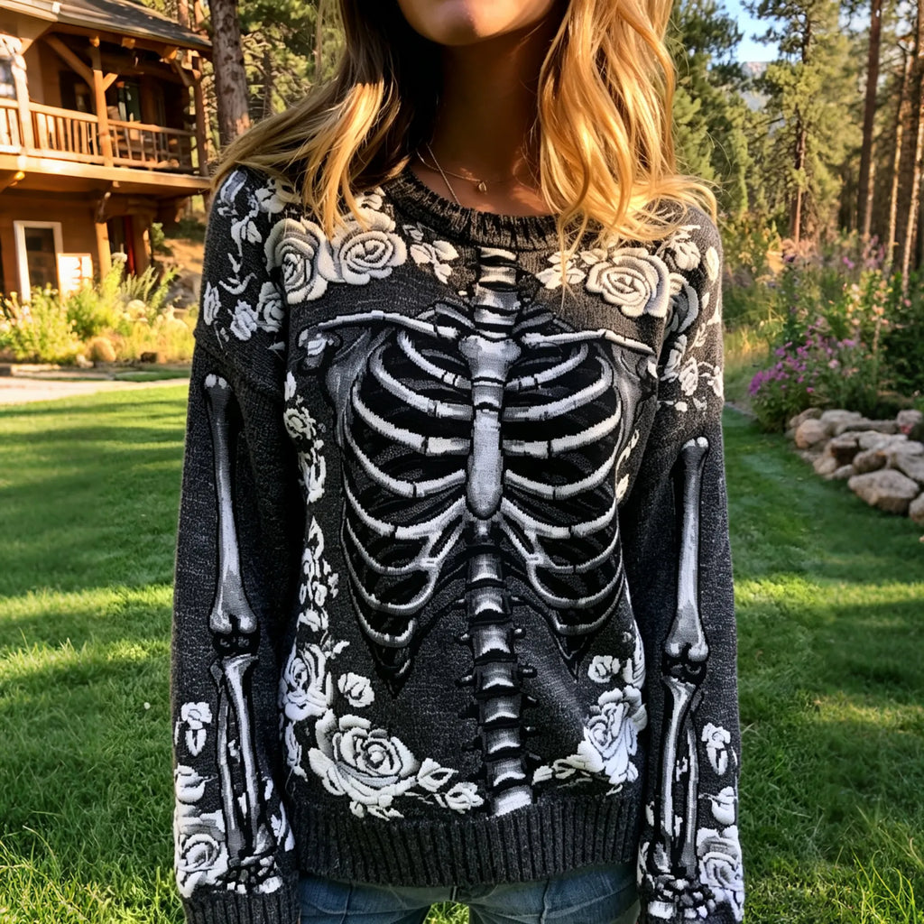 Women's Halloweenhalloween Skeleton Flowers Pattern Cozy Knit Sweater