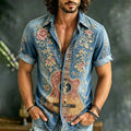 Men's Vintage Guitar Floral Print Short Sleeve Buttons Shirt