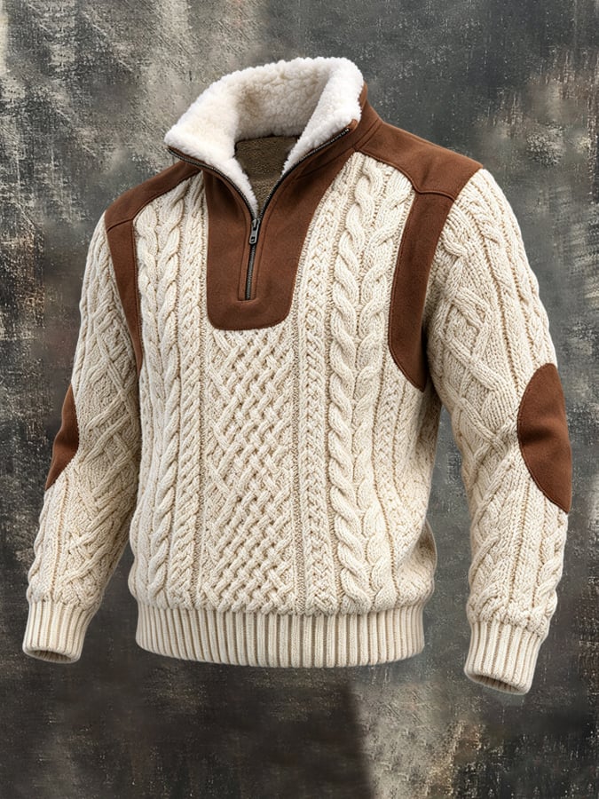 Men'S Retro Cable-Knit Sweater With Suede Paneling And Fur Collar