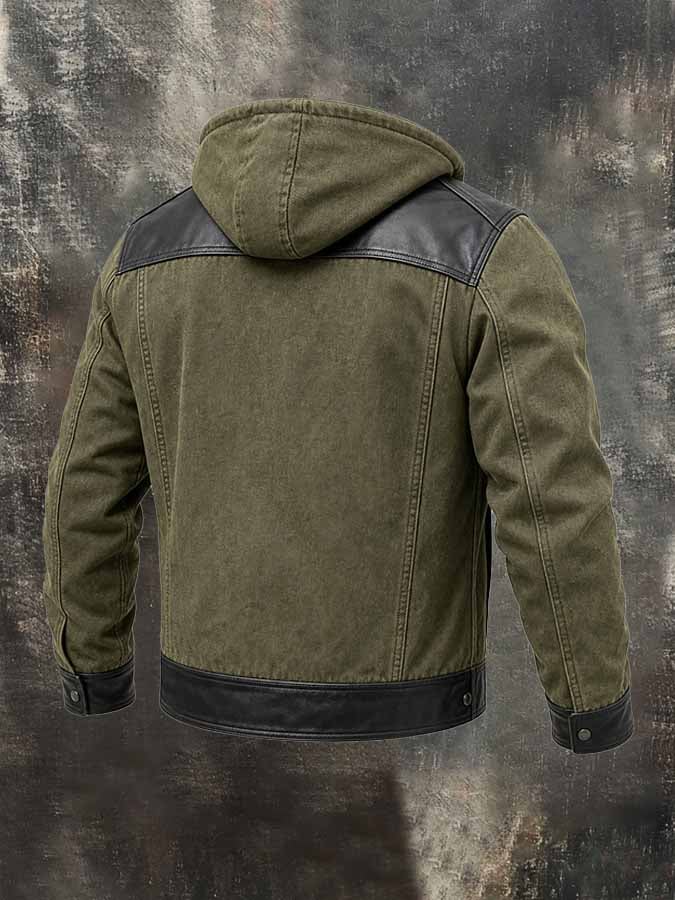 Men'S Vintage Fleece-Lined Hooded Jacket With Leather Paneling