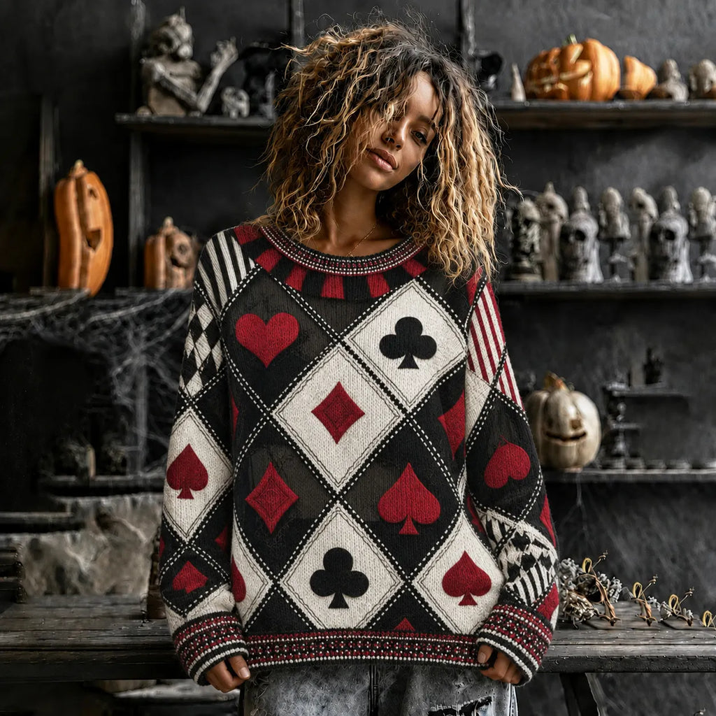 Halloween Gothic  Playing Card Cosplay Pattern Cozy Knit Sweater