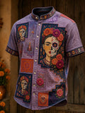 Men's Day Of The Dead Print Stand Collar Short Sleeve Shirt