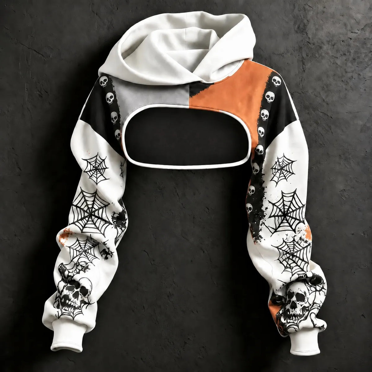 Women's Retro Halloween Color Block Raven Pumpkin Skull Spider Web Print Hoodie Two-piece Set