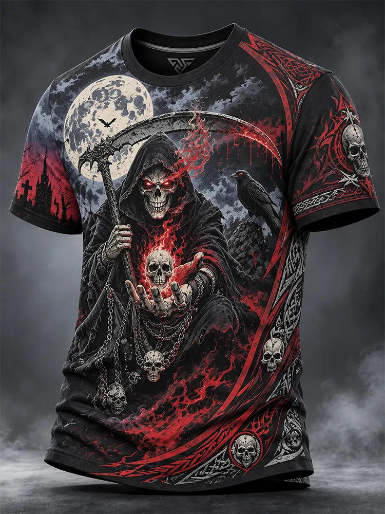 Men's Halloween Red-eyed Grim Reaper With Scythe Glowing Skull Print Casual T-shirt