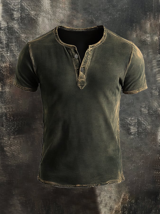 Men's casual vintage-style washed cotton short-sleeved Henley T-shirt