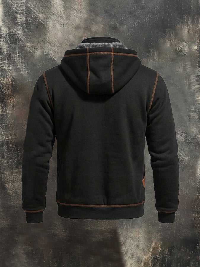 Men'S Vintage Fleece-Lined Hooded Jacket With Leather Paneling