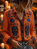 Women's Day Of The Dead Symmetric Sugar‐Skull Multicolor Bloom Print Long Sleeve Shirt