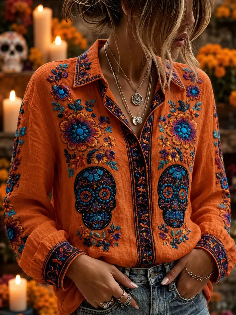 Women's Day Of The Dead Symmetric Sugar‐Skull Multicolor Bloom Print Long Sleeve Shirt