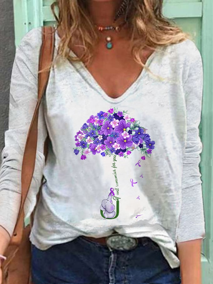 Women's I Will Remember For You Dementia Alzheimer's Disease Awareness Printed V-Neck T-Shirt